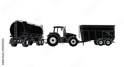 A detailed black silhouette showcases a tractor pulling a tanker and spreader representing modern agriculture silhouette high quality professional elegant stylish