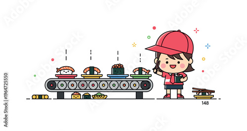 Tiny sushi parade adorable mini conveyor belt with colorful sushi plates and subtle decorative sparkles enhancing the playful scene. Minimalist flat vector