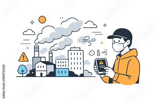 Air pollution risk. Urban buildings releasing soft smoke clouds while a person wears a mask and checks air quality on a device. Quiet alert mood with