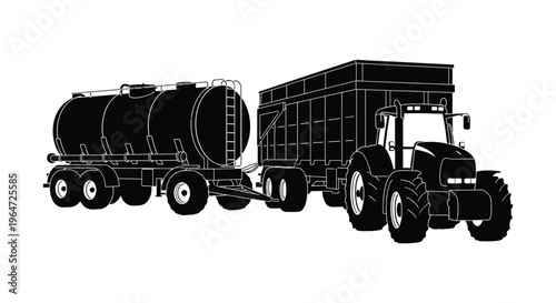 A striking black silhouette depicts a tractor pulling a tanker and grain trailer showcasing agricultural machinery silhouette high quality professional detailed