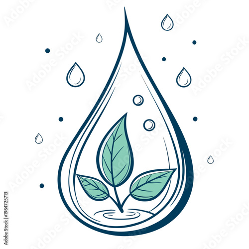 Water droplet with green leaves and water drops on white background eco-friendly