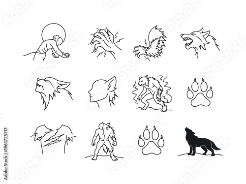 Werewolf Style Transformation Sequence. Minimalistic set one-line drawing human under full moon, body arching in change, hands turning to claws, fur spreading