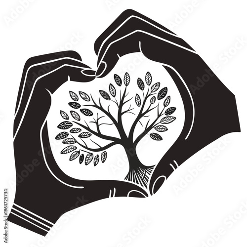 Hands holding a tree with leaves and roots black and white