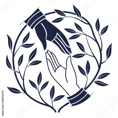 Hands and leaves in a circular black and blue nature ecology