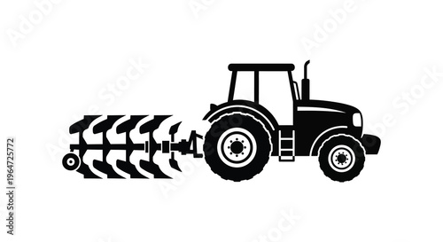 A stark black silhouette of a modern tractor pulling a harrow showcasing agricultural machinery s form silhouette high quality professional detailed elegant