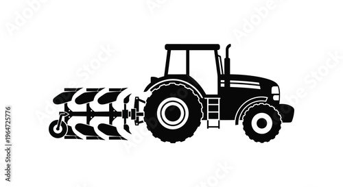 A striking black silhouette depicts a classic tractor pulling a plow through farmland embodying agricultural work silhouette high quality professional detailed