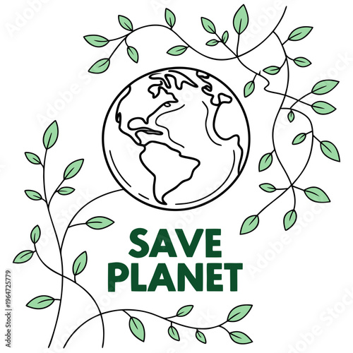 Save planet earth with leafy vines and green text ecology