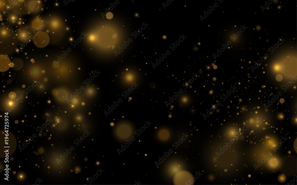 Fototapeta premium Falling gold dust sparkles create a magical luminous effect. Tiny particles drift softly across the scene. Perfect overlay for festive and New Year projects.