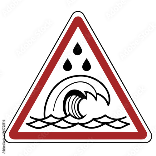 Flood warning sign with wave and raindrops triangle