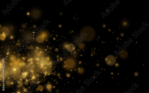 Shimmering golden dust drifts gracefully across a dark transparent background. Tiny sparkles shine softly. Perfect overlay for holiday, magical, and festive designs.