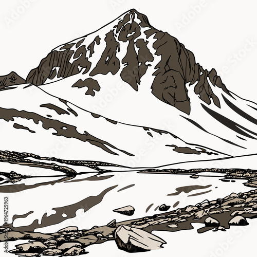 Snowy mountain landscape with a frozen lake and rocks nature