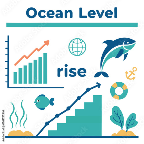 Ocean level rise infographic with sea creatures and graphs blue and orange