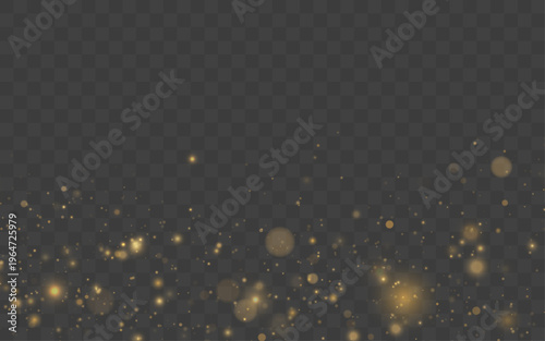 Golden glitter sparkles float softly on a dark transparent background. Tiny particles shimmer like magical stars. Perfect overlay for Christmas and holiday designs.