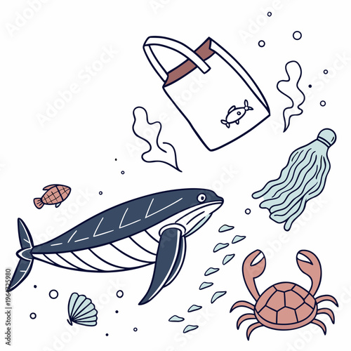Whale and crab with plastic pollution and shopping bag in ocean