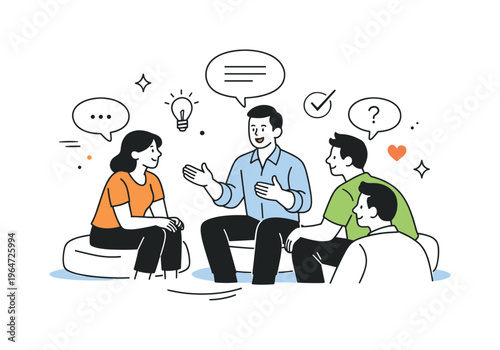 Leadership communication. A leader having an open conversation with employees in a relaxed setting, emphasizing transparency and listening. The scene feels