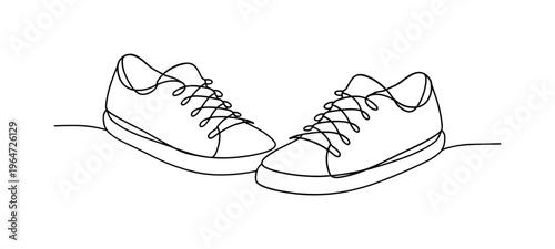"Minimal Street Sneakers". Minimalistic one-line drawing pair of simple sneakers slightly angled toward each