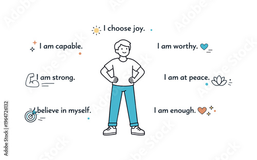 Daily self-affirmation. A simple scene showing a person standing confidently with short positive phrases around, quiet motivation and emotional clarity.