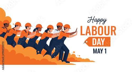 Happy labour day illustration featuring a line of workers pulling together