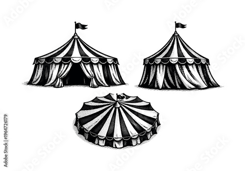 Circus tent fabric drapery structure. A realistic circus tent represented as a single object in three different views, concentrating on fabric folds, layered