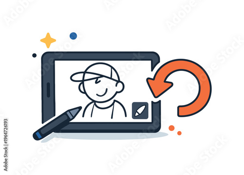Digital sketching routine illustrated by a tablet displaying a simple line sketch with an undo arrow nearby. A relatable editorial metaphor for iteration,
