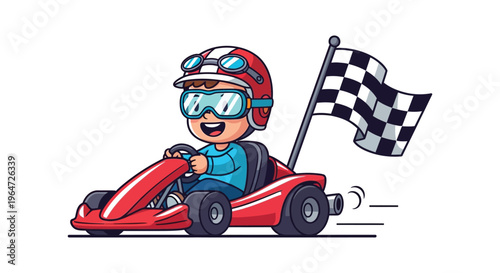 A cheerful cartoon racer drives a red go kart waving a checkered flag in a dynamic illustration silhouette high quality professional detailed
