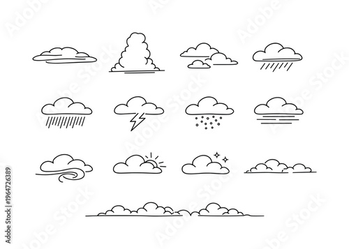 Sky Weather Clouds. Minimalistic set one-line drawing layered stratus cloud, towering storm cloud, scattered small clouds, cloud with drizzle, cloud with heavy