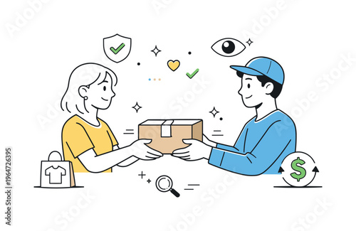 Peer-to-peer resale. Two people completing a resale transaction, passing a package with mutual trust and transparency, relaxed human interaction. Minimalist