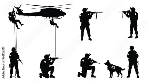 A dramatic scene depicting military personnel rappelling from a helicopter with armed soldiers rendered as a silhouette high quality professional detailed