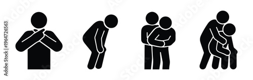 Stickman demonstrates Heimlich maneuver steps to help someone choking. Vector illustrations, showing emergency aid with clear actions. Transparent background.