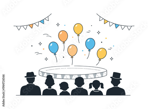 Circus balloons and audience. Simple audience silhouettes watching balloons rise above the circus floor. Sense of wonder and quiet excitement, clean open