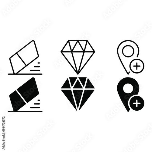 Eraser Diamond Gem Location Pin Outline Solid Icon Set Vector