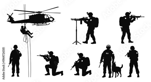 A dramatic scene depicting military personnel and a helicopter in stark black silhouettes high quality professional detailed modern elegant stylish clean