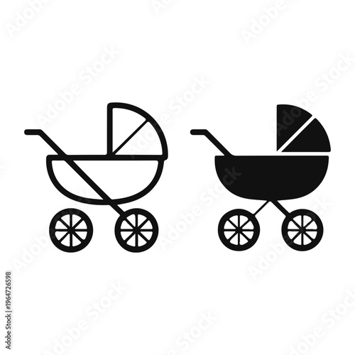 Baby Stroller Pram Carriage Outline and Solid Black Vector Icon Set