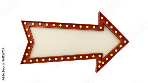 Marquee arrow sign front view isolated. Directional cinema board mockup.