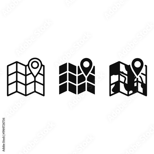Folded Map Navigation Location Pin Outline Solid Three Style Vector Set