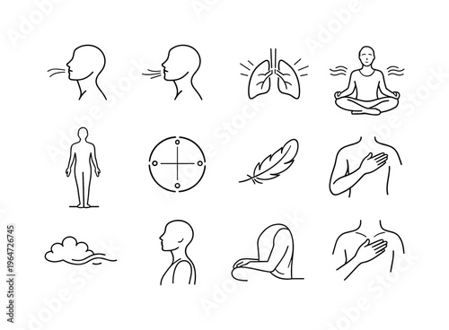 Calm and Deep Breathing. Minimalistic set one-line drawing side profile inhaling deeply, side profile exhaling slowly, lungs expanding icon, seated figure with