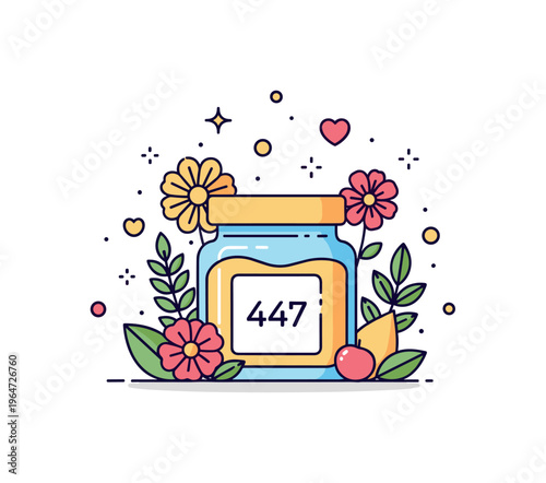 Organic product packaging concept with a jar or box surrounded by flowers, herbs, and subtle spark accents suggesting natural ingredients and wellness.