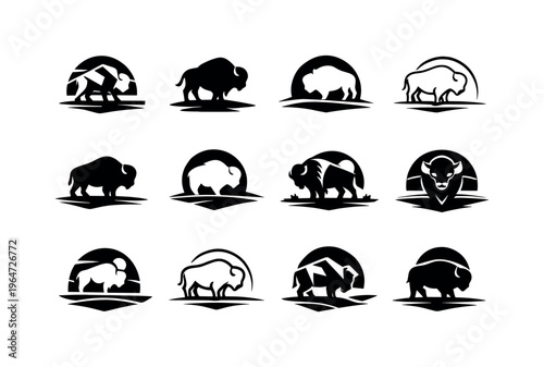 bison. Icon set. Set Logo of bison: bison silhouette on prairie line. harmonious logo variations of the same emblematic concept, each with different artistic