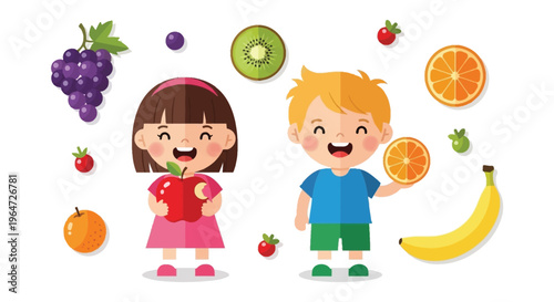 Two cheerful children enjoy a colorful assortment of fruits in a playful illustrative scene silhouette high quality professional detailed modern elegant
