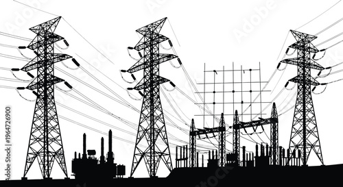 A stark black silhouette depicts industrial power lines transmission towers and a refinery against a bright sky silhouette high quality professional