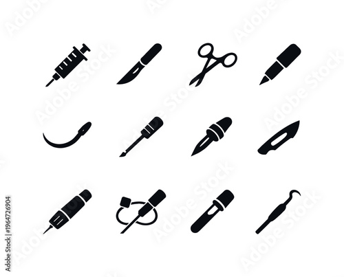 Medical Sharps. Solid icon set of medical sharps: syringe needle, scalpel, surgical scissors, lancet, suture needle, biopsy needle, trocar, medical blade,