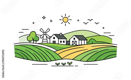 Green fields and countryside identity. A symbolic scene with green fields simplified into geometric layers and gentle curves. Feeling of rural identity,