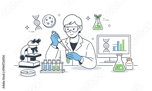 Biotechnology laboratory processes. Calm editorial scene inside a modern biotech lab with a scientist handling samples and lab equipment, focused and precise