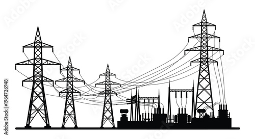 A stark black silhouette depicts power lines transmission towers and an industrial complex against a white backdrop silhouette high quality professional