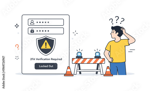 Locked out by two-factor authentication. A login screen with a shield icon and warning symbol, person paused in confusion. Security protection turning into a
