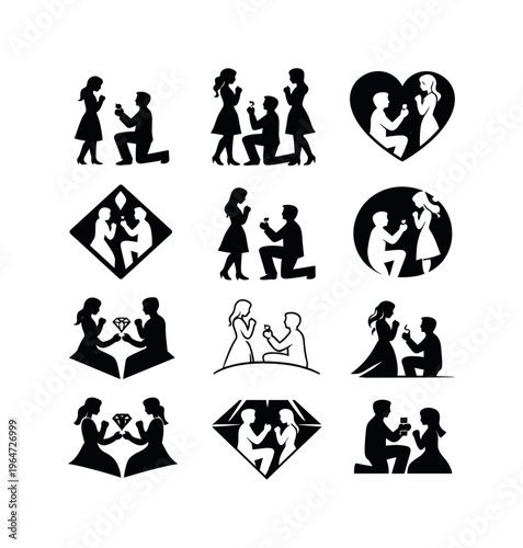 celebrating engagement. Icon set. Set Logo of celebrating engagement: proposal gesture silhouette. harmonious logo variations of the same emblematic concept,