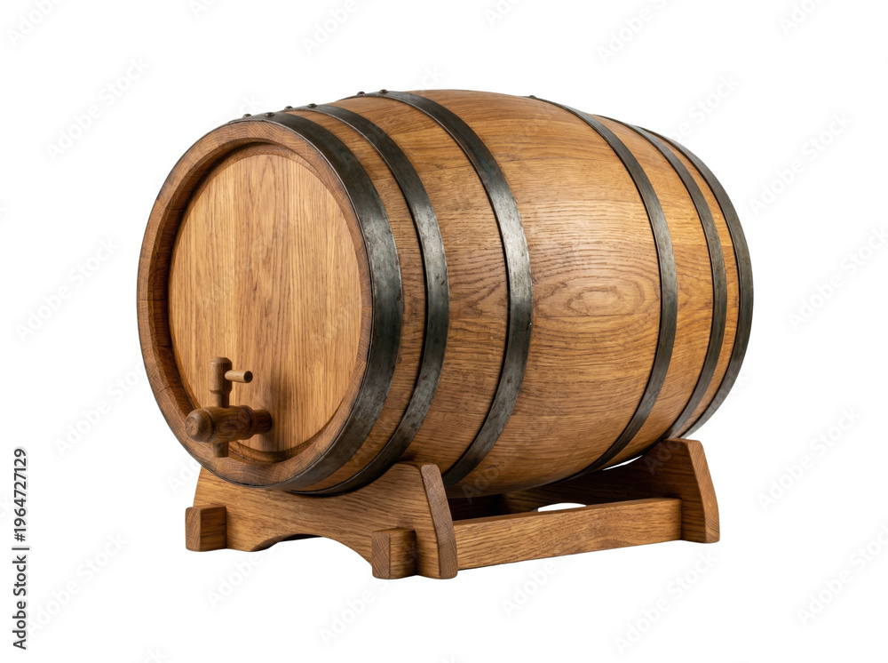 Naklejka premium Oak wooden barrel with tap isolated. Beverage aging container.