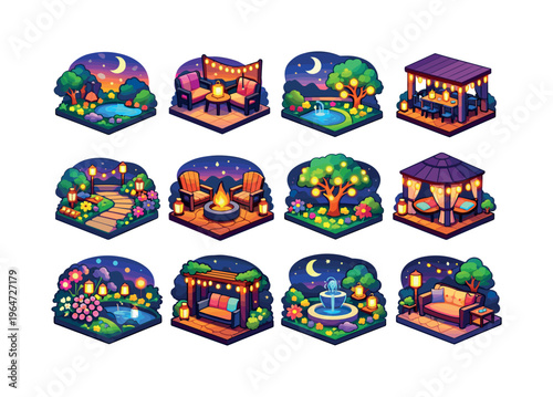 Evening Garden. Colorful isometric vector icons set of Evening Garden: twilight garden scene, warm light glow, moonlit backyard, evening patio lights, night