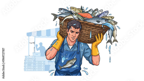 The Fishmonger's Burden: A hardworking fishmonger carries a heavy basket filled with fresh fish, symbolizing the dedication of the fishing industry and the bounty of the sea. 