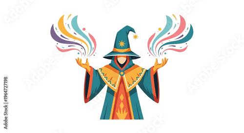 Magician performing magic with colorful energy isolated on white